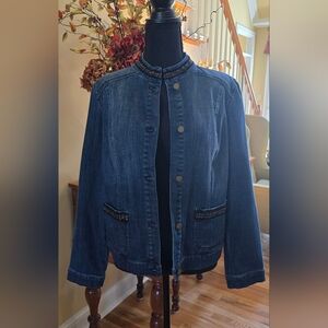 Chico's Embellished Metallic/Black Trim Dark Denim Jacket